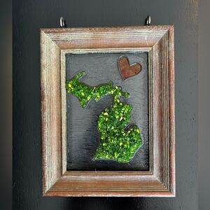 Michigan Stained glass heart hanging window art. State of Michigan painted frame